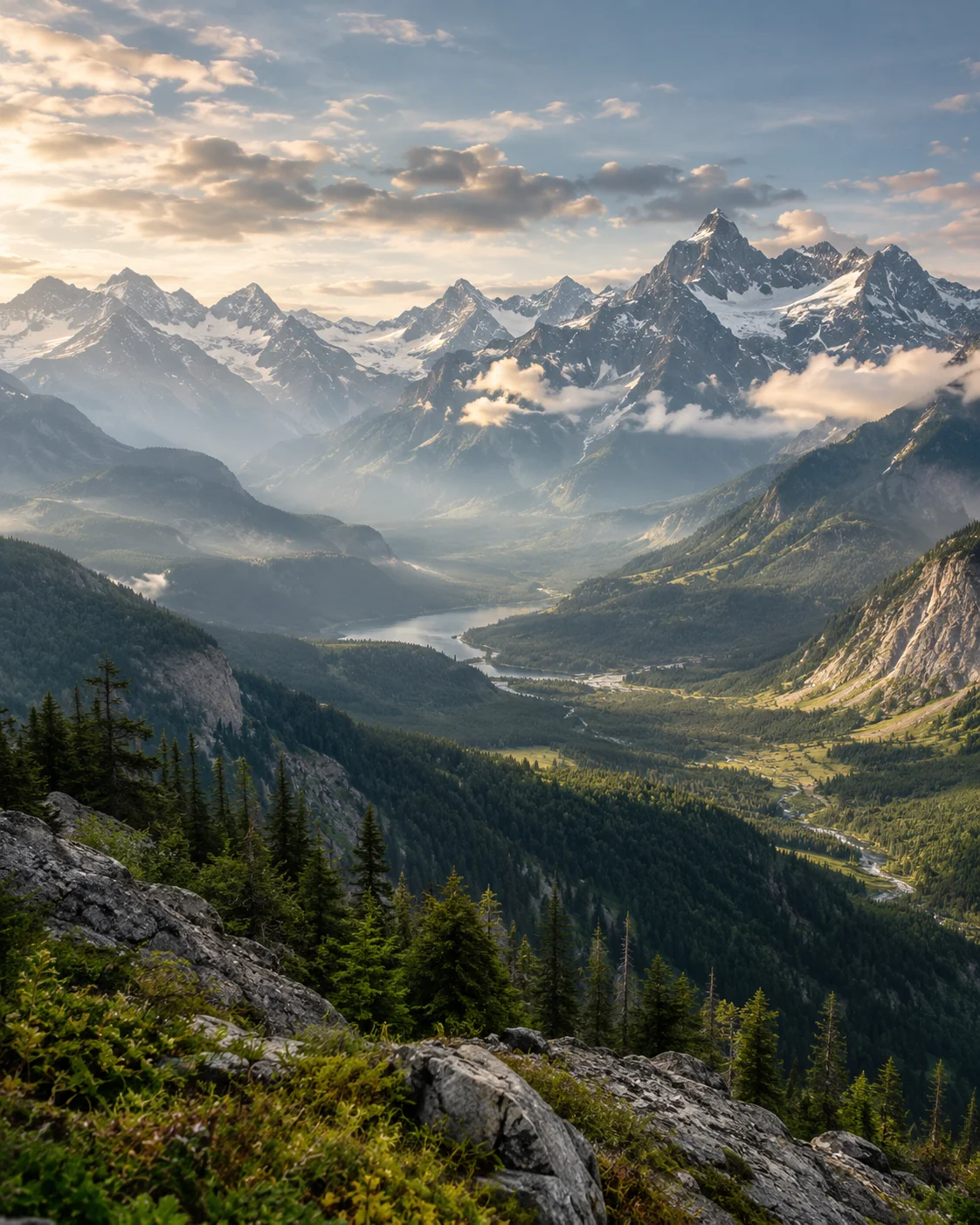 Sunlit mountain peaks above a forested valley and lake.